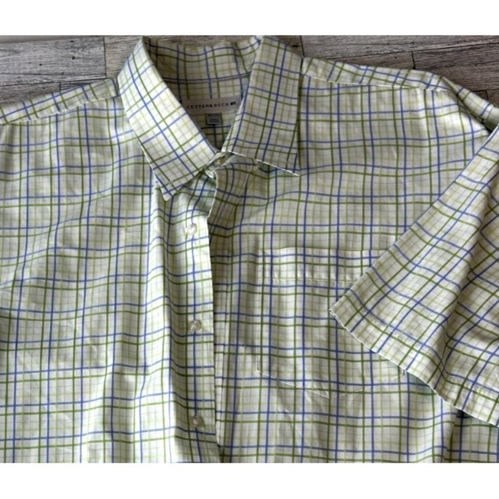 Cutter & Buck Shirt Mens Green Blue Plaid Short Sleeve Button Down Cotton XXL